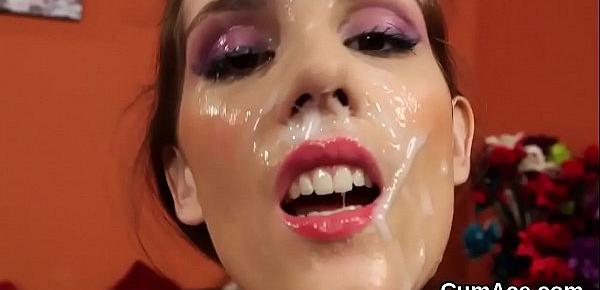  Wacky model gets cumshot on her face eating all the jizm